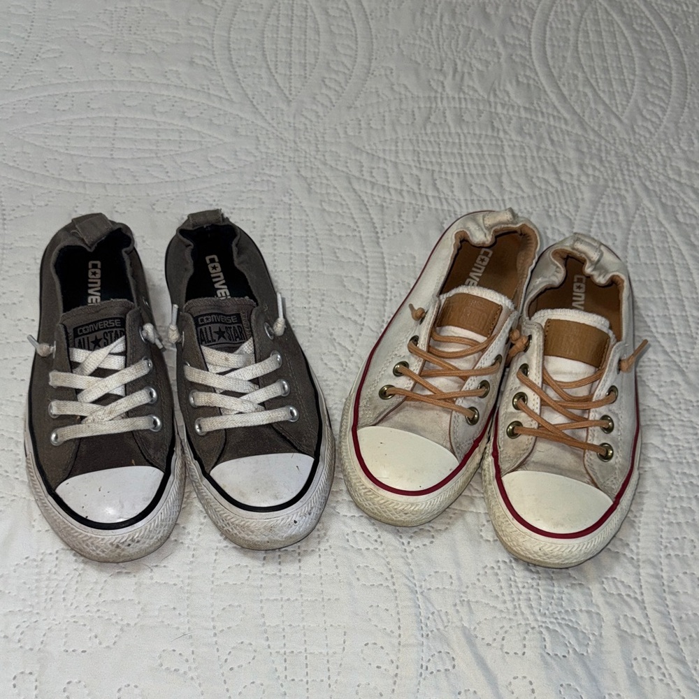 Two pairs Converse gray & white and cream & Tan slip on sneakers